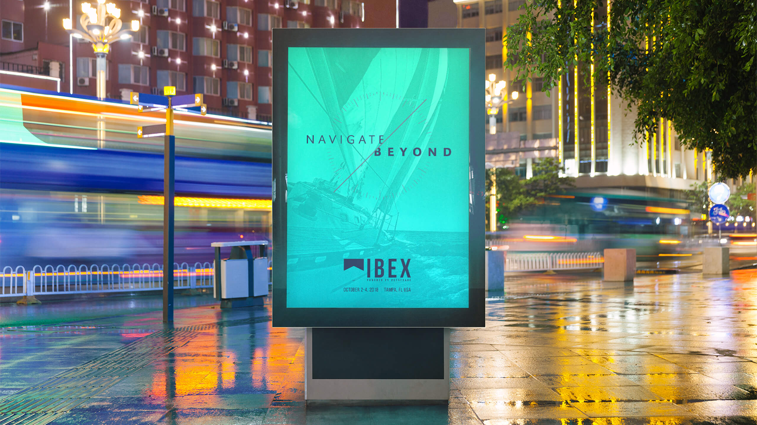 Outdoor blue and green sign with black text on top of faded out boat image