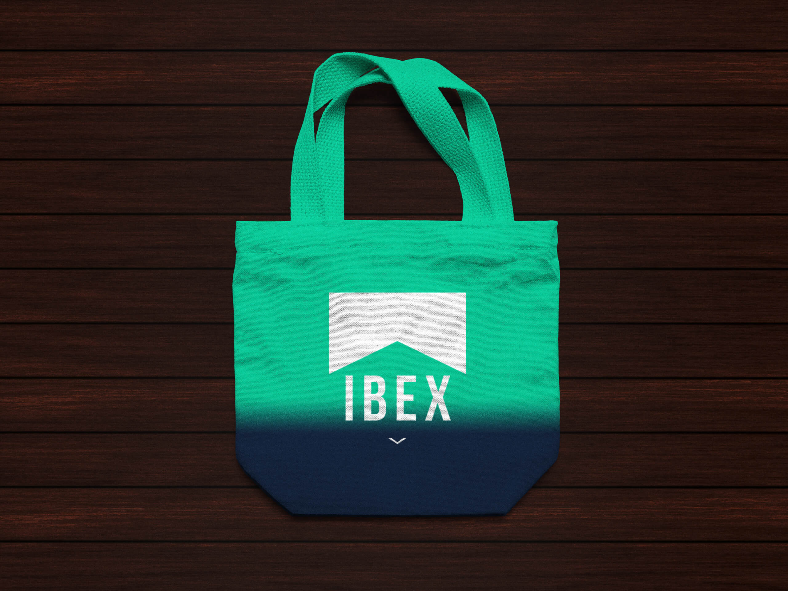 Tote bag that is blue to aqua gradient with the white logo printed on top