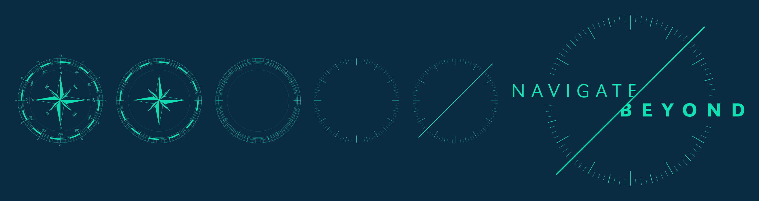 Dark blue image with aqua text and illustrations showing a compass illustration being deconstructed