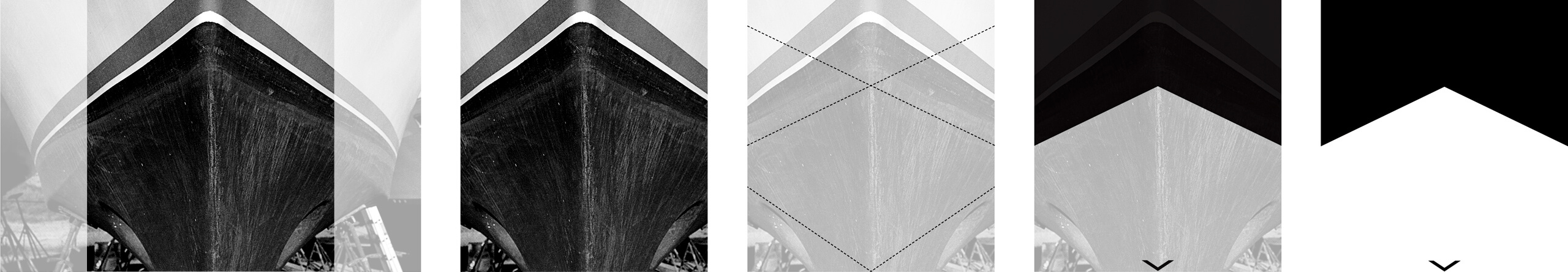 Images showing a photo of a front of a ship turning into the logo icon