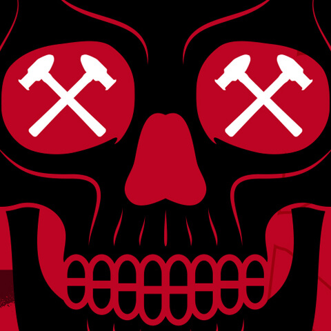 Close-up of black skull illustration with white hammer illustrations in eye sockets on red background