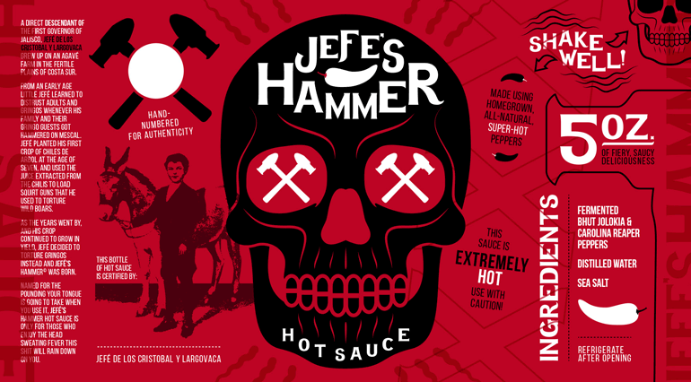 Sauce bottle red label with black skull design in the middle and text/imagery collaged on either side