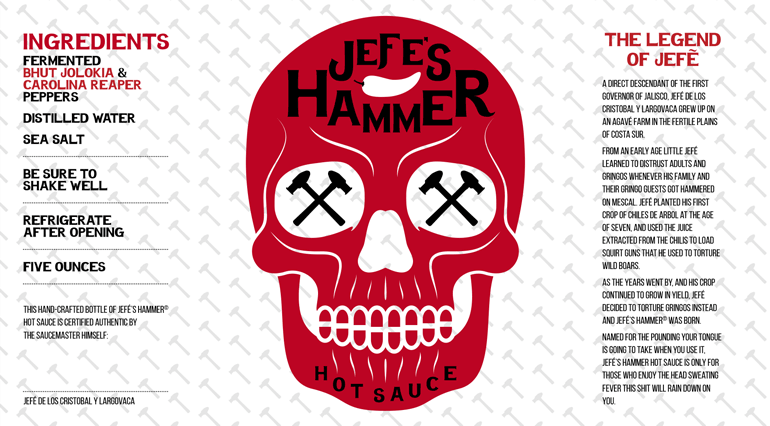 Sauce bottle white label with red skull design in the middle and text on either side